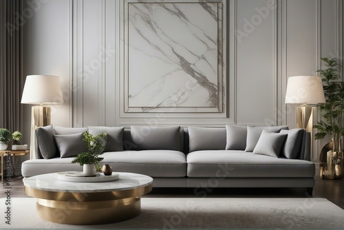 Gray fabric sofa and marble stone coffee table. Hollywood regency style interior design of modern living room