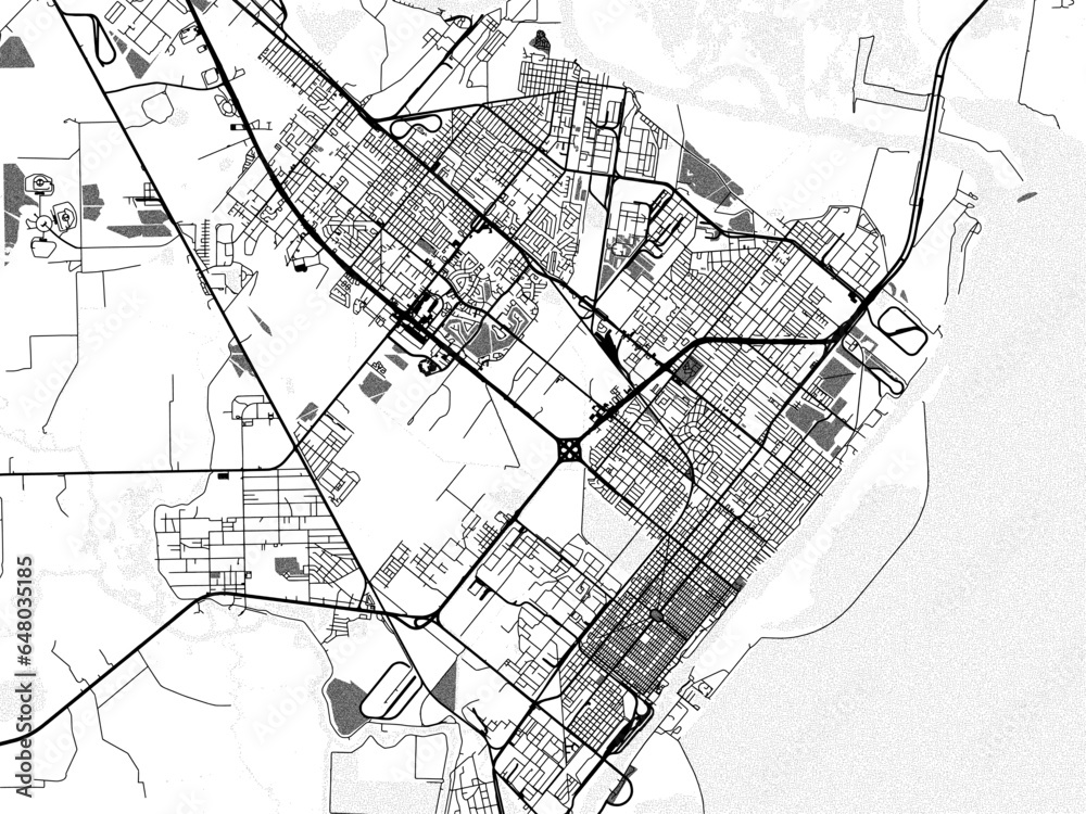 Fototapeta premium Greyscale vector city map of Port Arthur Texas in the United States of America with with water, fields and parks, and roads on a white background.