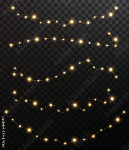 Festive Christmas light gold garlands png. Decor element for postcards, invitations, backgrounds transparent, business cards. Stock royalty free. Winter new collection 2024.	

