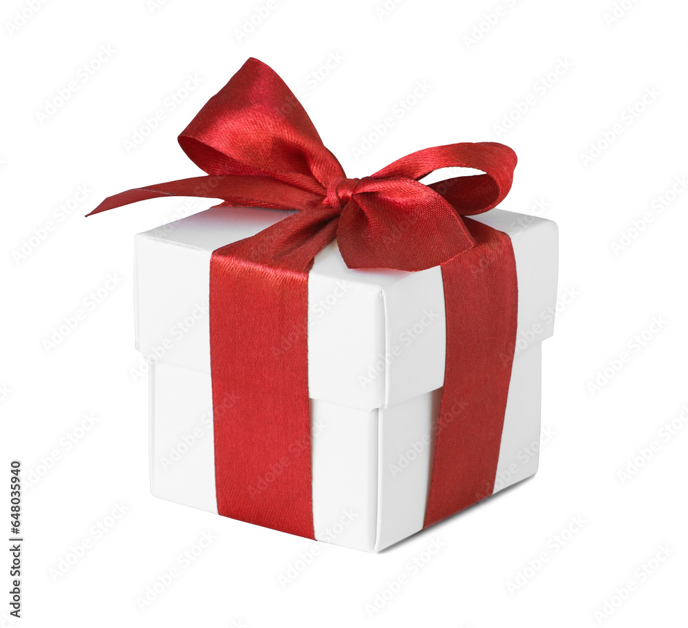 Fototapeta premium Present box isolated in transparent PNG, gift box with red ribbon and bow decoration - isolated design element