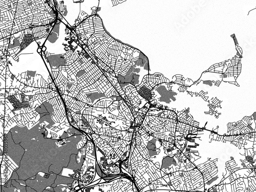 Greyscale vector city map of Quincy Massachusetts in the United States of America with with water, fields and parks, and roads on a white background.