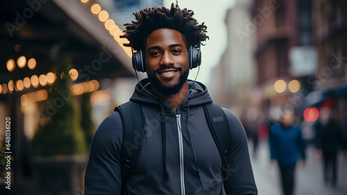 smiling man with headphones on walking down a city street Generative AI