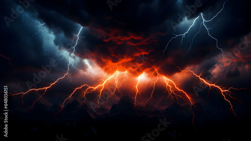 lightning strikes from a dark sky with a red cloud Generative AI