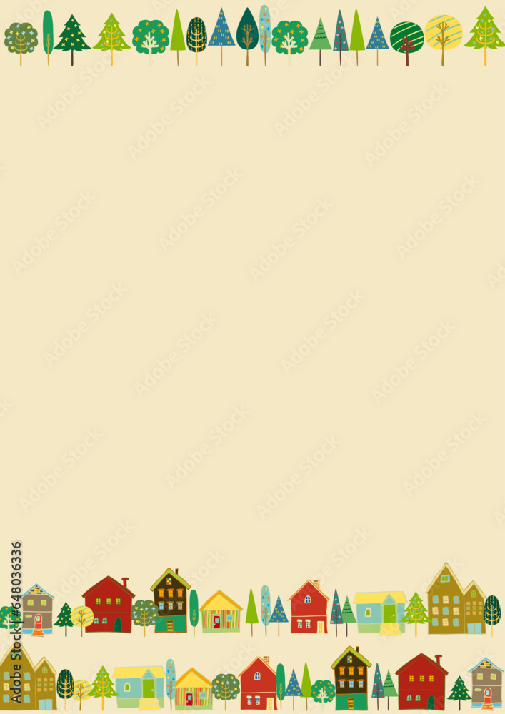 北欧風 家と木々の風景上下フレーム 背景白 縦Scandinavian Style Series:Houses and Trees Landscape Frame 北欧風 家と木々の風景上下フレーム 背景白 縦Scandinavian Style Series:Houses and Trees Landscape Frame