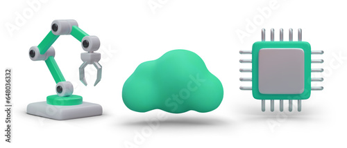 Robotic hand manipulator, cloud, microprocessor. Set of isolated 3D images. Hitech color icons. Processing, storage of information. Programmable equipment