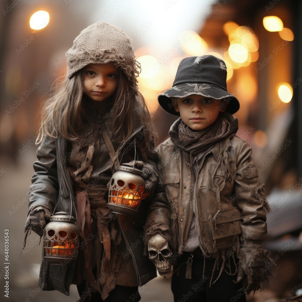 Two little kids, boy and girl in a costumes of a dirty poor tramps