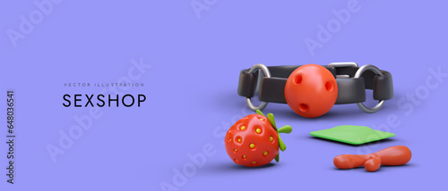 Sex shop advertising template. Poster with 3D gag, vibrator, condom, strawberry. Time to play. Hot games for adults. Thematic concept on purple background. Detailed texture illustration