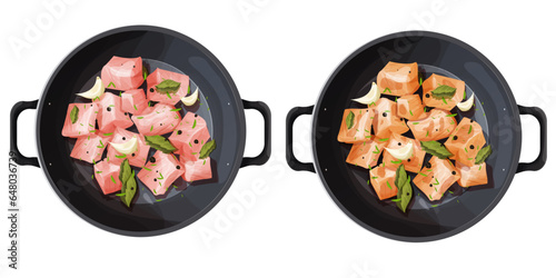 Set Roast chicken fillet chunks or turkey pieces and raw in frying pan with spices, garlic and leaves top view in cartoon style isolated on white background. 