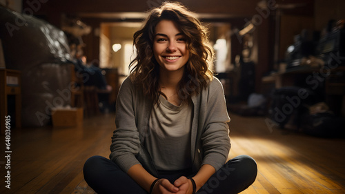 arafed woman sitting on the floor in a room with a wooden floor Generative AI