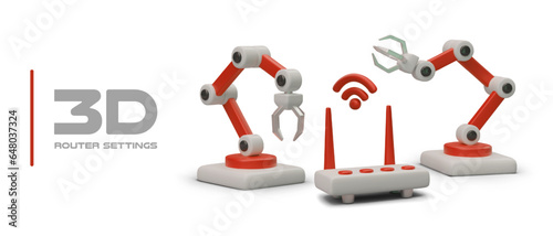 Router settings. 3D color illustration on white background. Robotic manipulators, router with antennas, Wi Fi signal. Internet access, provider services
