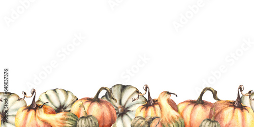 Vegetable seamless pumpkins colorful border, pattern. Isolated white background. Watercolor autumn . Hand drawing fall repeating design for thanksgiving cards, halloween wrapping, prints