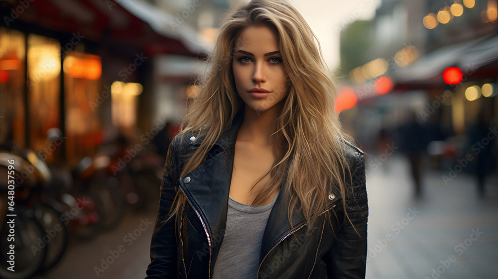 blond woman in a leather jacket standing on a sidewalk in a city Generative AI
