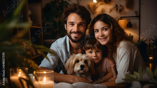 arafed family sitting on a couch with a dog in front of them Generative AI