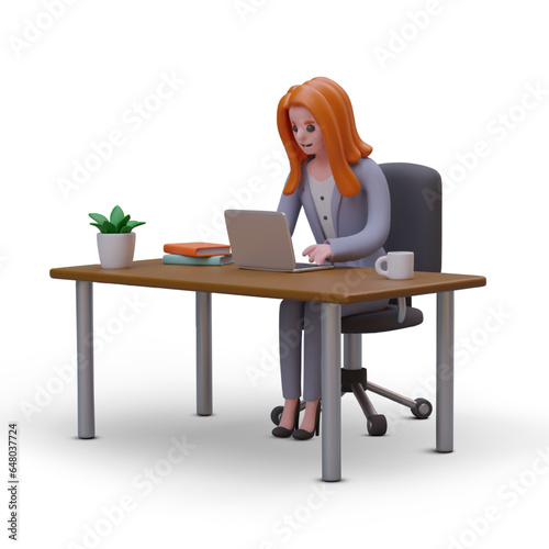 Woman in business suit works at desk. Workplace. Character uses laptop. Office worker is typing. Businesswoman. Color vector 3D illustration in plasticine style