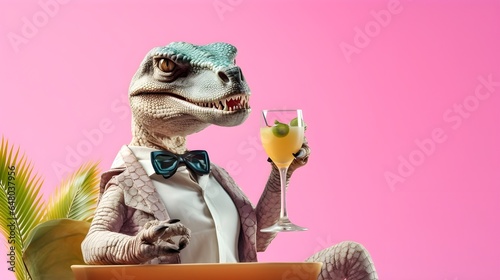 Happy Dinosaur enjoying and having a cocktail at party, Isolated background, Creative Concept, Copy Space © chand