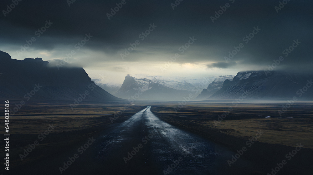 arafed road in the middle of a vast plain with mountains in the background Generative AI arafed road in the middle of a vast plain with mountains in the background Generative AI