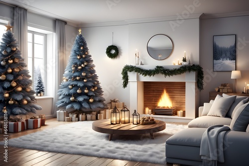 Christmas living room. Cozy and Warm Christmas Feeling. Christmas Fireplace. Christmas Interior. Christmas Tree With Fireplace and Stockings. Generative AI.