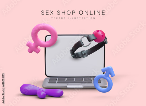 Sex shop online. Open laptop, toys for adults. Male and female gender symbols. Anonymous purchase. Courier delivery. Color advertising concept with text