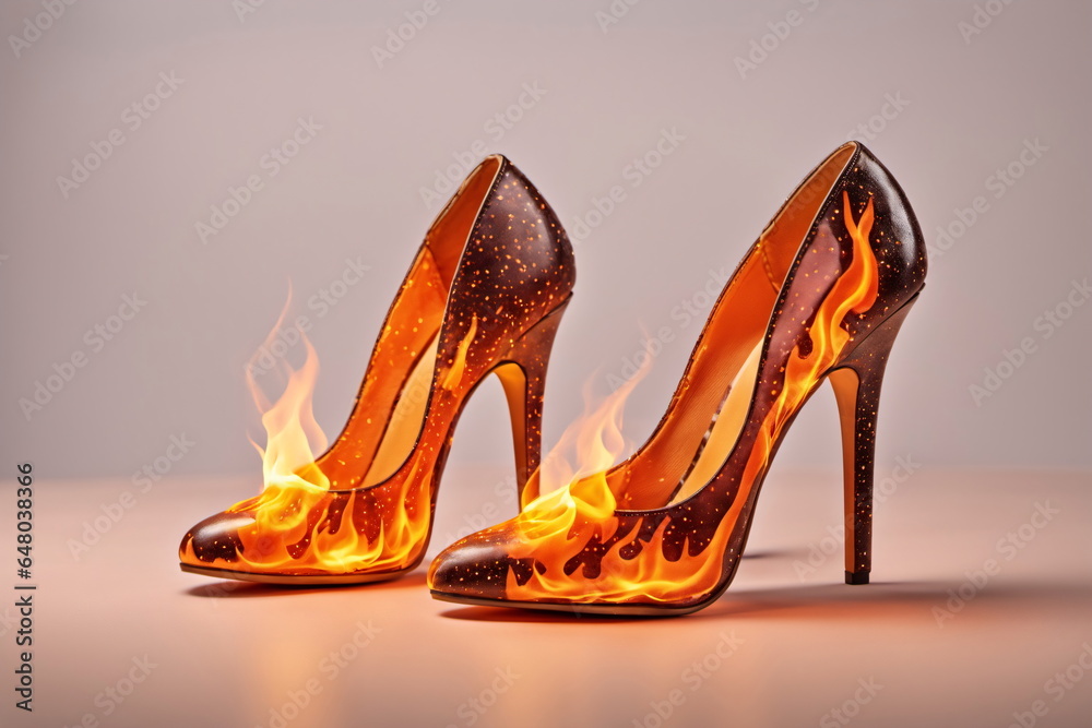 Hot High Heels brennen lichterloh. Schuhe in Flammen. - obrazy, fototapety, plakaty 