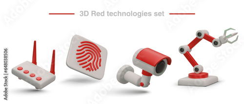 Modern technologies, set of 3D images. Router, scanned fingerprint, surveillance camera, programmable manipulator. Red isolated illustration on white background