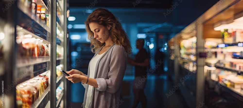 A beautiful young woman in a modern supermarket uses a smartphone to select products. A beautiful young woman in a modern supermarket uses a smartphone to select products.