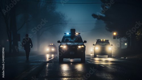cars driving down a street at night with police lights on Generative AI photo
