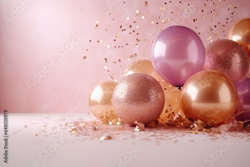 Festive and colorful background with pink decoration and balloons suitable for various occasions such as birthdays, holidays or celebrations.