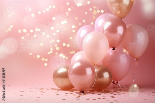 A bright and colorful backdrop for parties and celebrations, ideal for birthdays, weddings and other special occasions, with pink balloons, confetti and a feeling of joy and happiness.