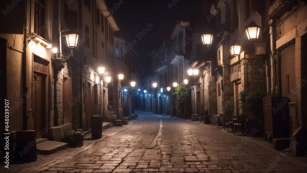Dark and mysterious alley illuminated by lamps at night in Plovdiv, Bulgaria