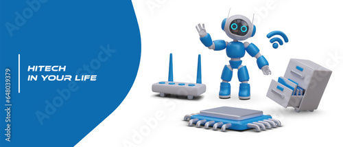 Hitech in your life. Cute 3D robot, microprocessor, router, office drawer unit. Latest technologies, work with information. Advertising banner in cartoon style
