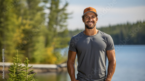 smiling man in grey shirt and orange hat standing by a lake Generative AI photo