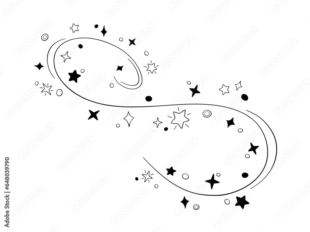 Magic wand in doodle style, vector illustration. Shiny stick icon for print and design, hand drawn. Isolated elements on a white background. Magician cast spell, fairy stars and sparkles