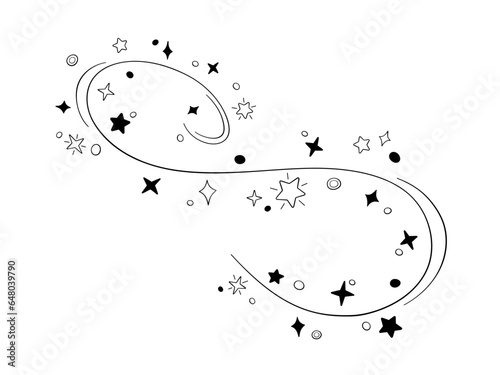 Magic wand in doodle style, vector illustration. Shiny stick icon for print and design, hand drawn. Isolated elements on a white background. Magician cast spell, fairy stars and sparkles