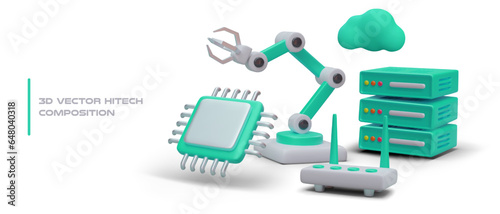 3D vector composition of hightech. Programmable hand manipulator, microprocessor, cloud, server, router. Green illustration in cartoon style. Modern IT technologies. Banner with place for text