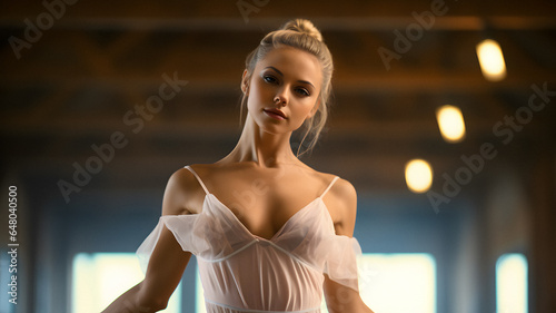 blond woman in a white dress posing for a picture in a room Generative AI © Bipul