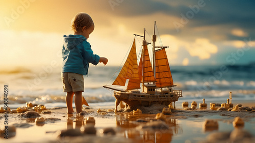 small child standing on the beach with a toy boat Generative AI photo