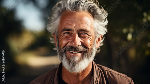 a closeup portrait of a handsome old mature man smiling with stylish hair and beard. © Renato