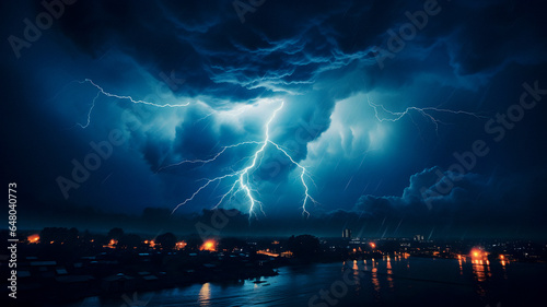 lightning strikes over a city at night with a river in the foreground Generative AI