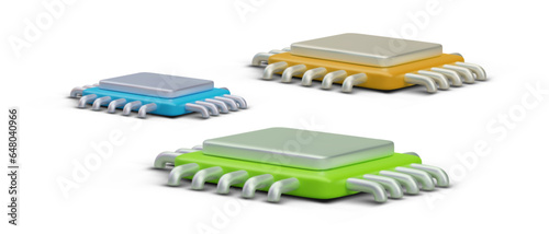 Central processing unit, side view. Vector realistic objects of different colors. Blue, green, yellow CPU. Innovative technologies. Computer brain, electronic device
