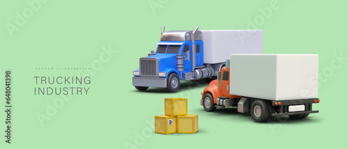 Trucking industry. Logistics company services. Delivery of various types of cargo. Commercial concept with place for text, sign, logo. Template for social networks