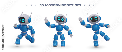 Set of realistic robots. Droid in different positions. Cyborg runs, stands, falls. Color illustrations on white background. Chatbot icons. Assistant with artificial intelligence