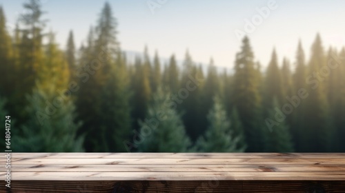 The empty wooden brown table top with blur background of pine forest.