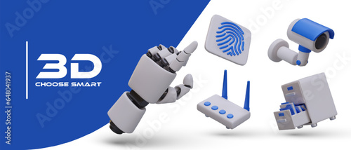 Choose smart. Realistic robotic hand pointing at image. Set of vector images. Fingerprint, router, surveillance camera, office drawer unit. Touchscreen, personal access