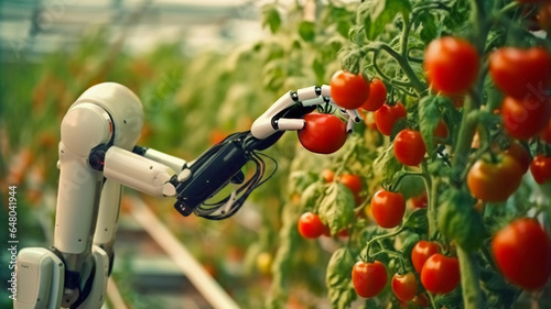 Modern smart greenhouse. Ai-driven robotics arm harvesting ripe tomatoes. Concept of agricultural innovation, autonomous agriculture robots, efficient working machinery, crop quality control