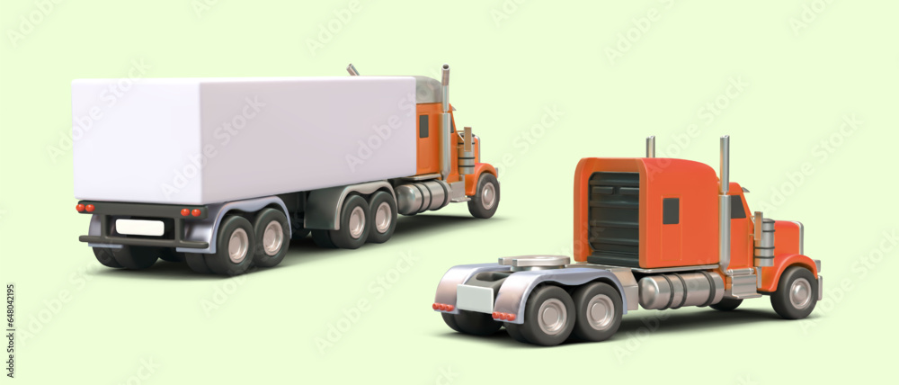 Large realistic truck with and without semitrailer. Loaded tractor, rear view. Unbranded car body, mockup. Transport service. Set of illustrations for web design Large realistic truck with and without semitrailer. Loaded tractor, rear view. Unbranded car body, mockup. Transport service. Set of illustrations for web design