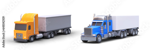 Realistic trucks with different types of cabs. Cab over and bonnet cabin with sleeper. Long and flat nose car. Color vector illustration. Image for transportation business. Ordering service