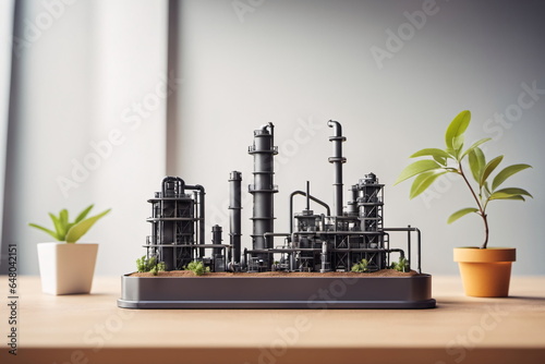 Illustration einer Miniatur bzw. Modell einer Industrieanlage auf einem Tisch stehend.
