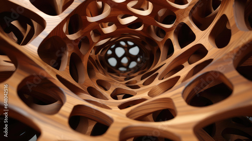 Three-dimensional structure made of wood. Numerous tunnels, holes and connections. photo