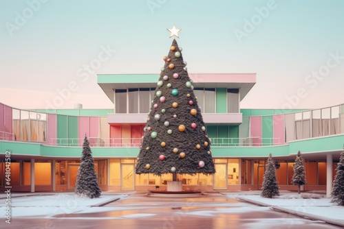 Modern design of school building with xmas tree in front. University decorated for christmas holiday. A new style of architecture. Bright pastel color. photo