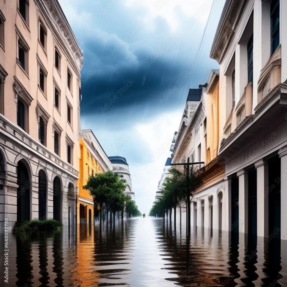 Flooded city street as a result of climate change and increase in extreme weather events.  Generative AI